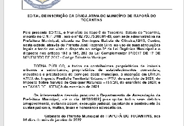 EDITAL DE INSCRIÇÃO DA DÍVIDA ATIVA DO MUNICÍPIO DE ITAPORÃ DO TOCANTINS