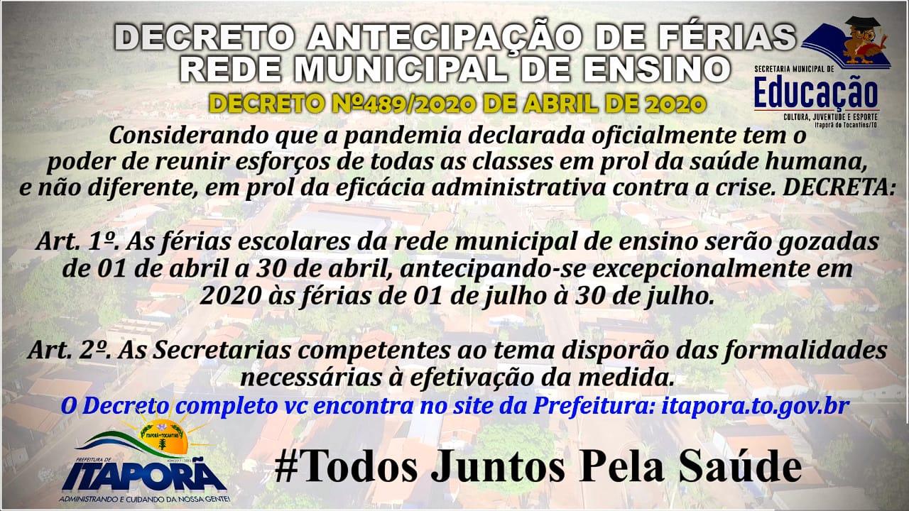 DECRETA ANTECIPAÇÃO DAS FÉRIAS ESCOLARES DE 2020