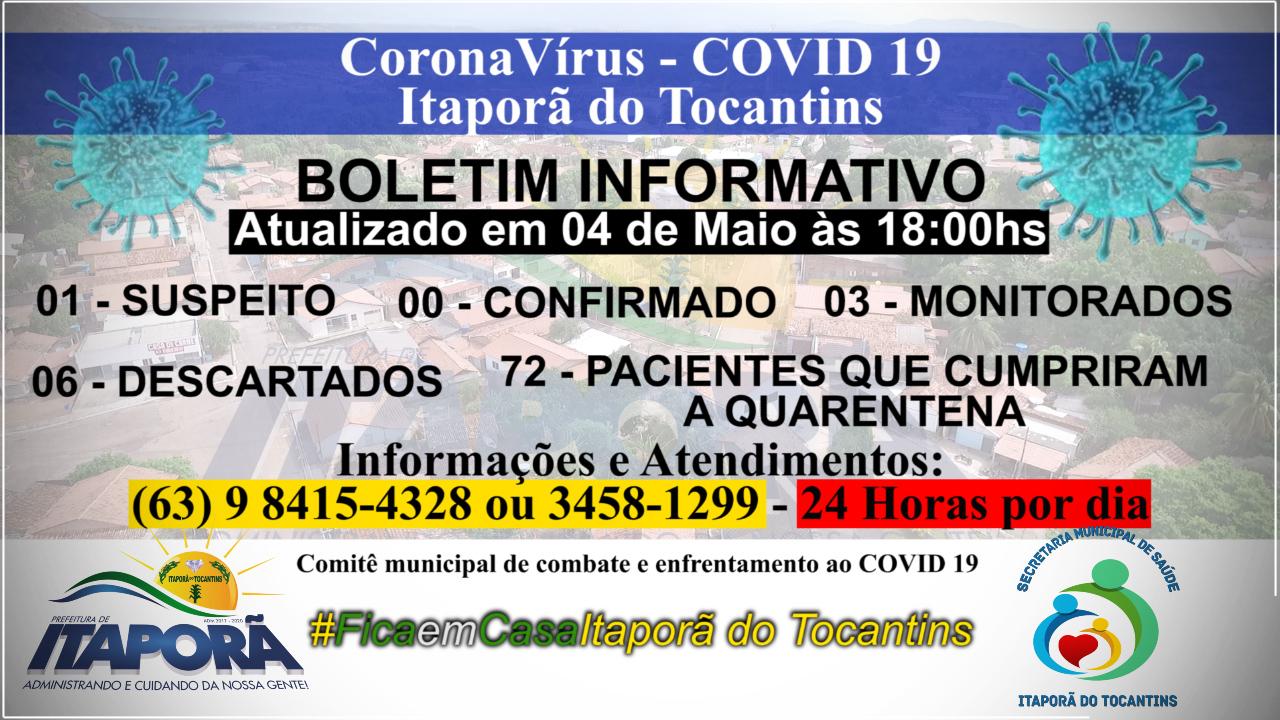 BOLETIM INFORMATIVO COVID 19 ITAPORÃ DO TOCANTINS DIA 04 DE MAIO