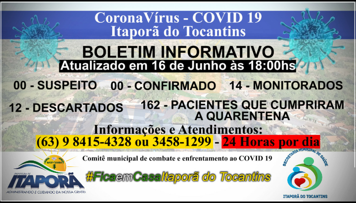 BOLETIM INFORMATIVO COVID 19 ITAPORÃ DO TOCANTINS DIA 16 DE JUNHO