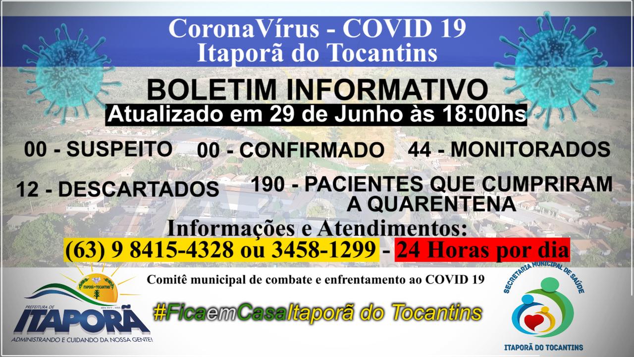 BOLETIM INFORMATIVO COVID 19 ITAPORÃ DO TOCANTINS DIA 29 DE JUNHO