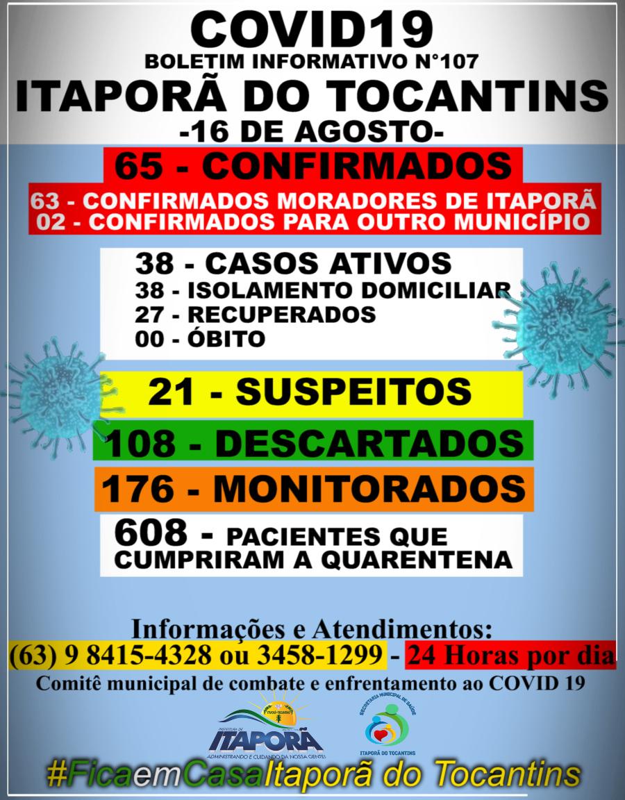 BOLETIM INFORMATIVO COVID 19 ITAPORÃ DO TOCANTINS DIA 16 DE AGOSTO