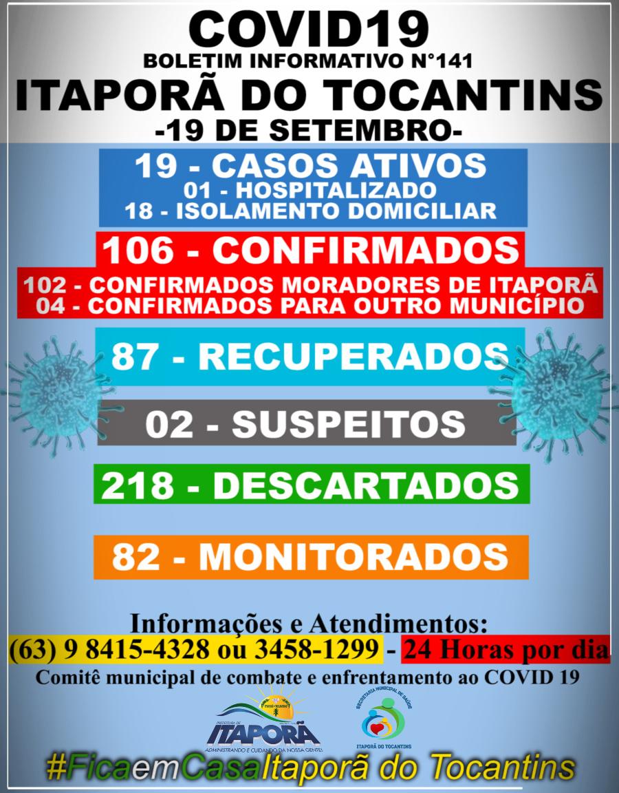 BOLETIM INFORMATIVO COVID 19 ITAPORÃ DO TOCANTINS DIA 19 DE SETEMBRO