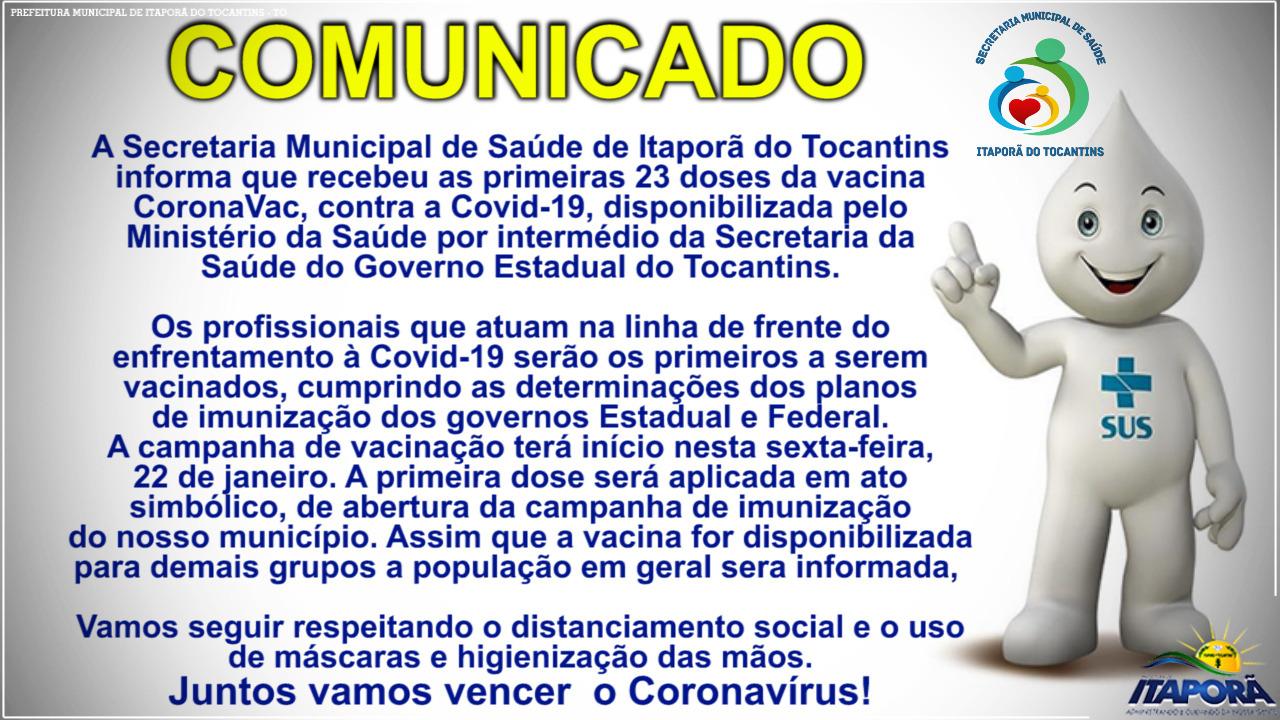 COMUNICADO DAS PRIMEIRAS DOSE DA VACINA CORONAVAC