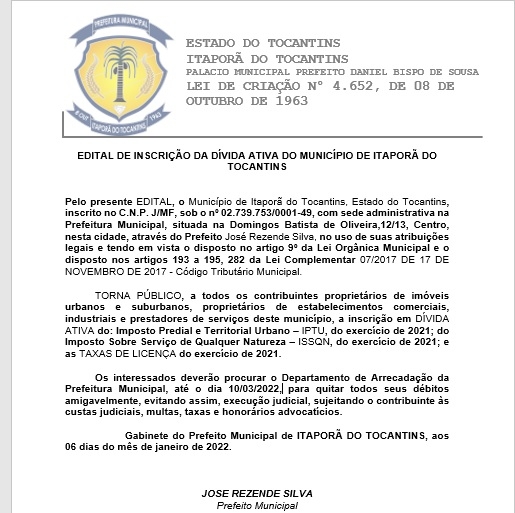 EDITAL DE INSCRIÇÃO DA DÍVIDA ATIVA DO MUNICÍPIO DE ITAPORÃ DO TOCANTINS