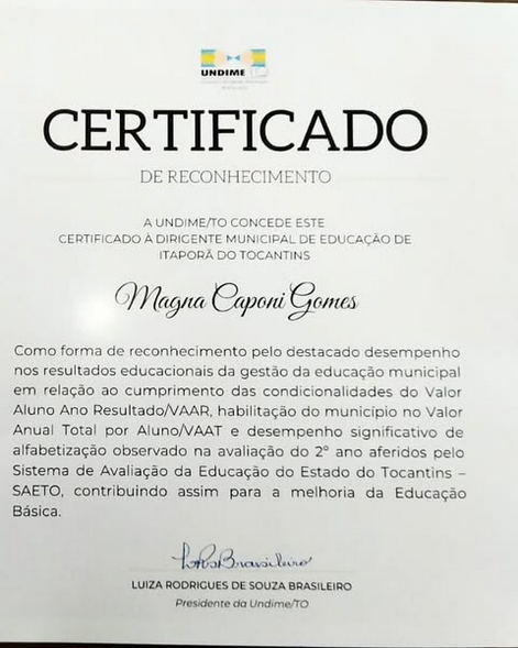 CERTIFICADO DE RECONHECIMENTO “Educação Eficiente”